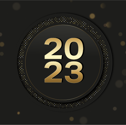 2023 text on black circles and gold particles around it