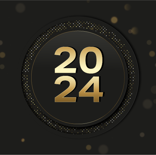 2024 text on black circles and gold particles around it